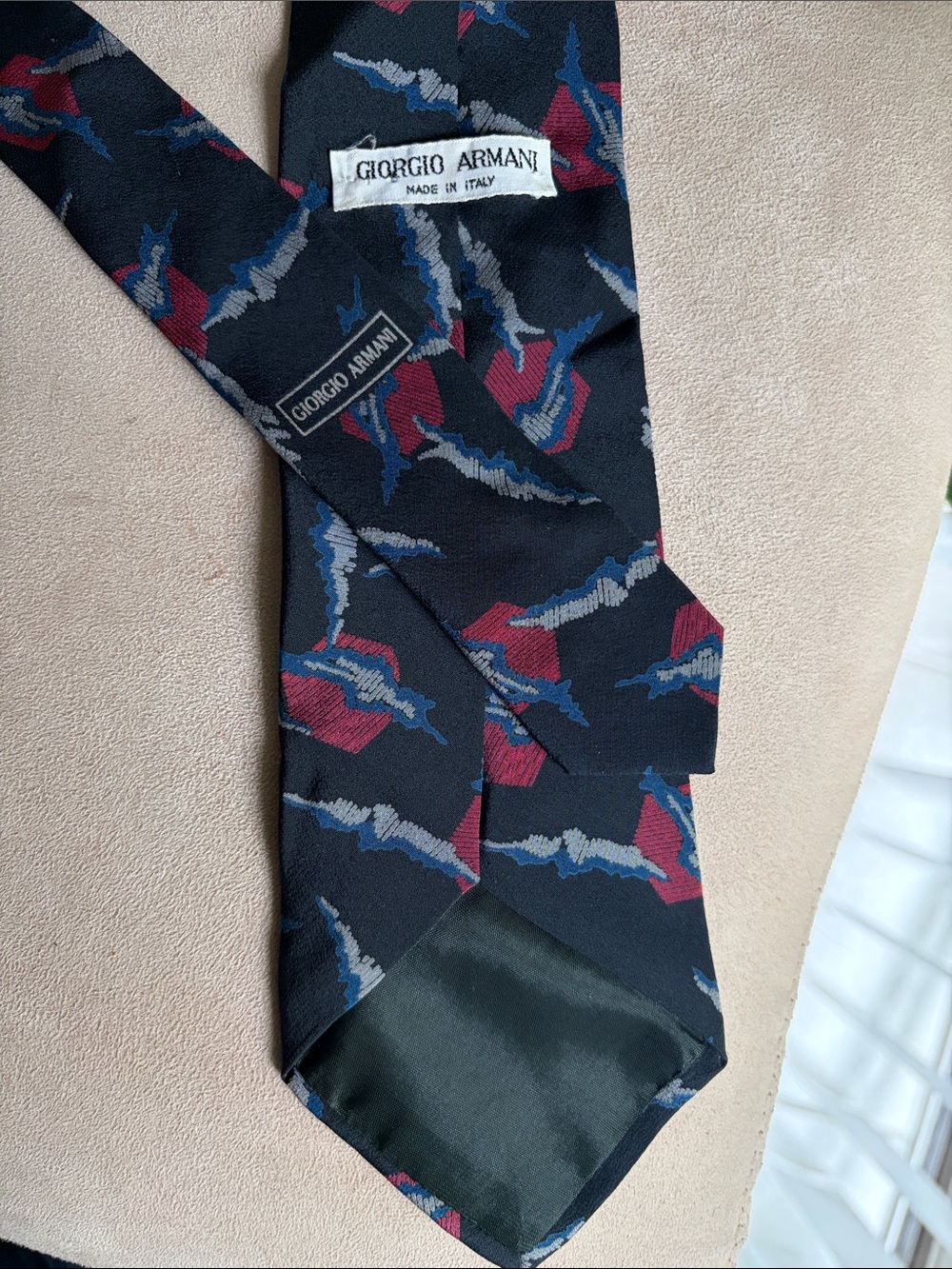 Giorgio Armani Black Tie with Red and Blue Abstract Pattern